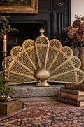 Vintage Solid Brass Peacock Fan Fireplace Screen | Hollywood Regency Folding Clamshell Fire Screen