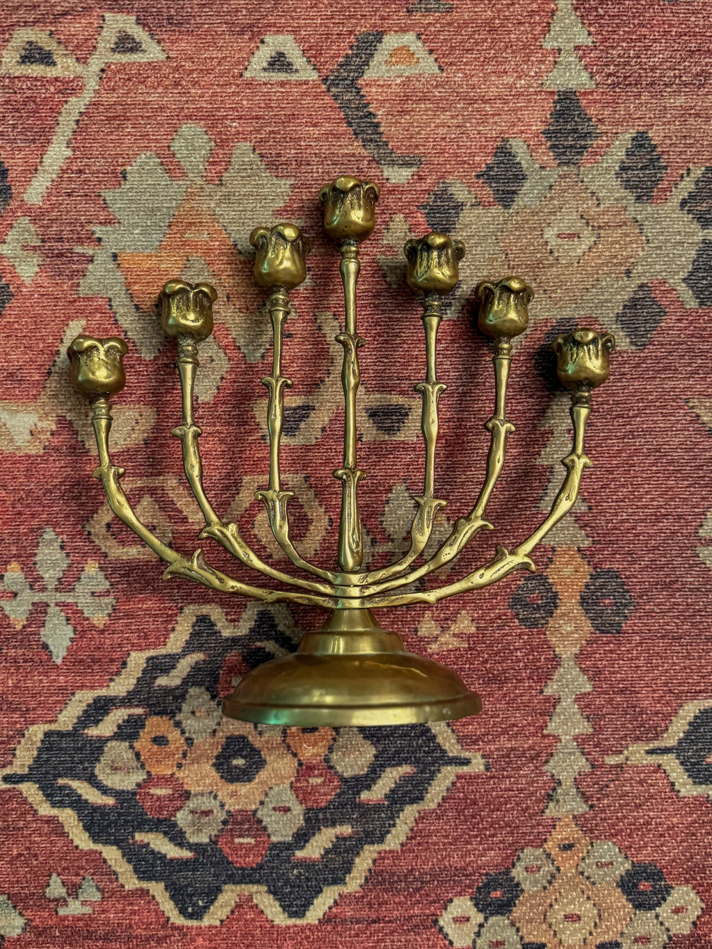 Vintage Solid Brass 7-Branch Tulip Menorah | Adjustable Swivel-Arm Design