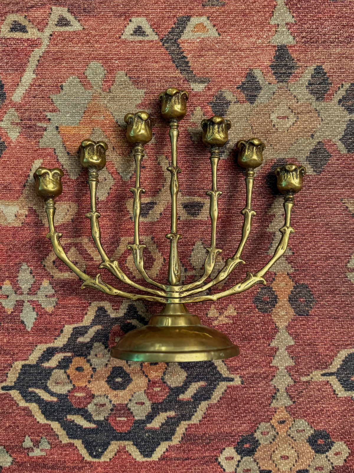 Vintage Solid Brass 7-Branch Tulip Menorah | Adjustable Swivel-Arm Design