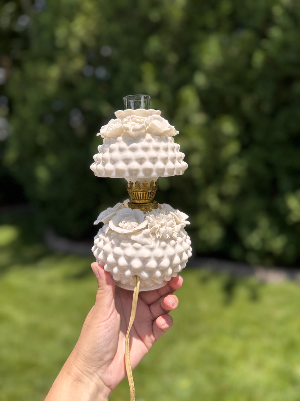 Vintage Fenton White Milk Glass Hobnail Boudoir Hurricane Lamp “Bantam”