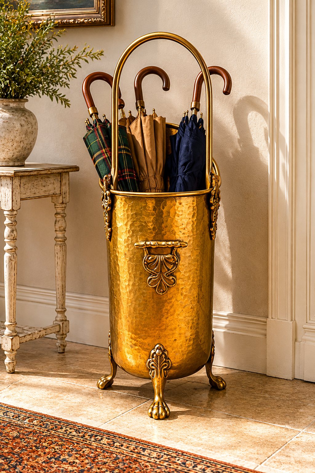 Vintage Hammered Brass Umbrella Stand | Lion Paw Coal Scuttle Fireplace Hod
