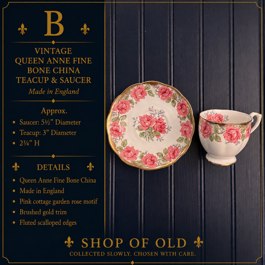 Vintage Queen Anne Fine Bone China Teacup & Saucer | Pink Rose Pattern | Made in England