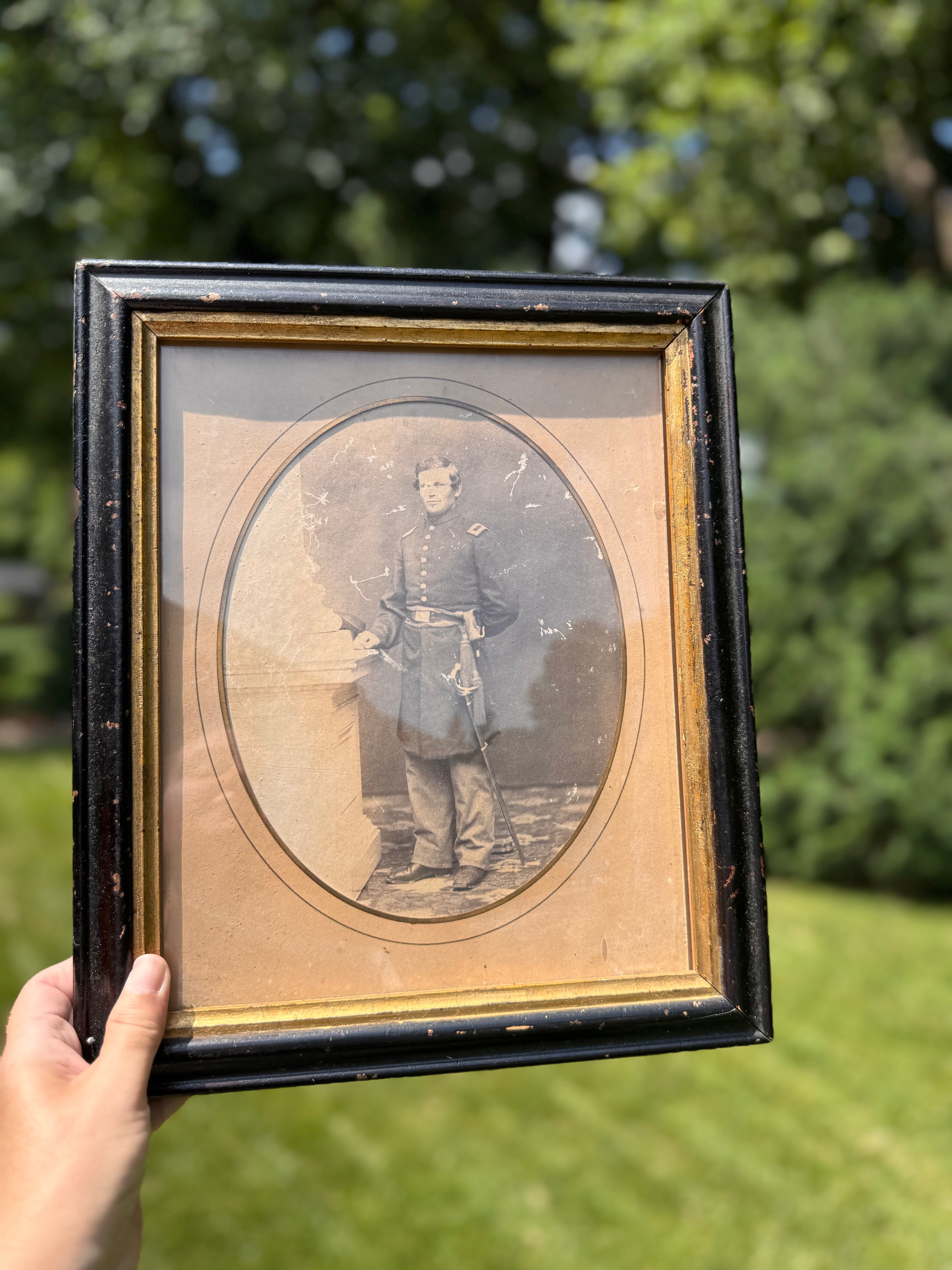 Antique Civil War Soldier Portrait in Black & Gilt Wooden Frame