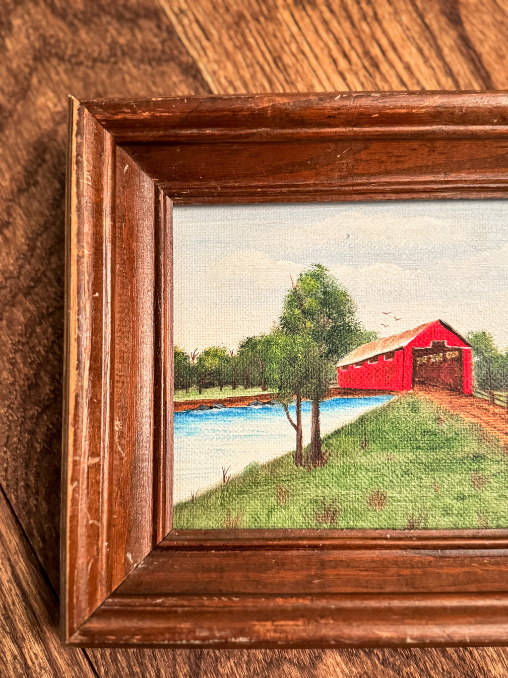 Original Framed Covered Bridge Landscape Painting | Oil on Board
