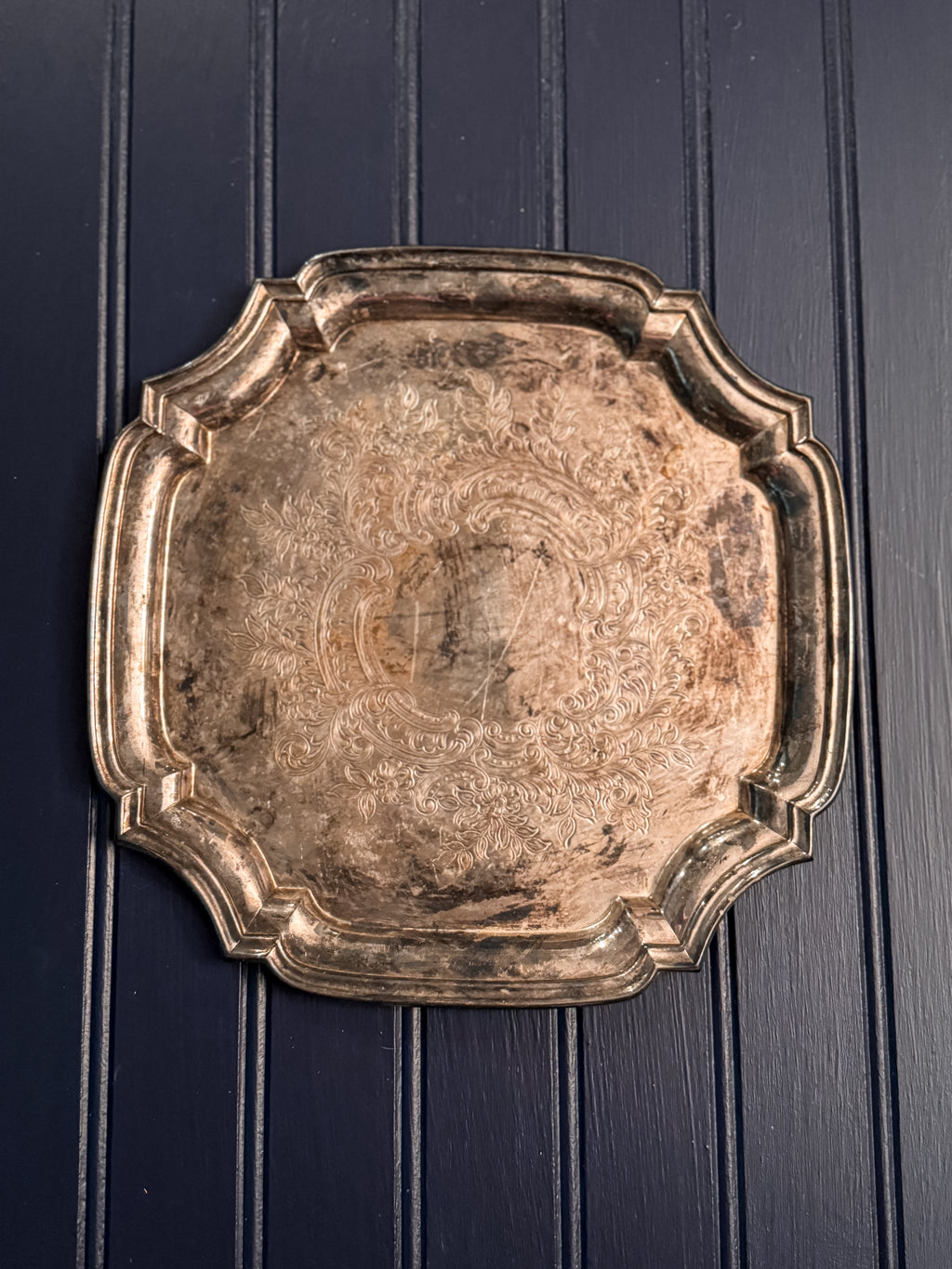 Vintage Silver-Plated Serving Tray | Ornate Etched Round Tray | Made in U.S.A.