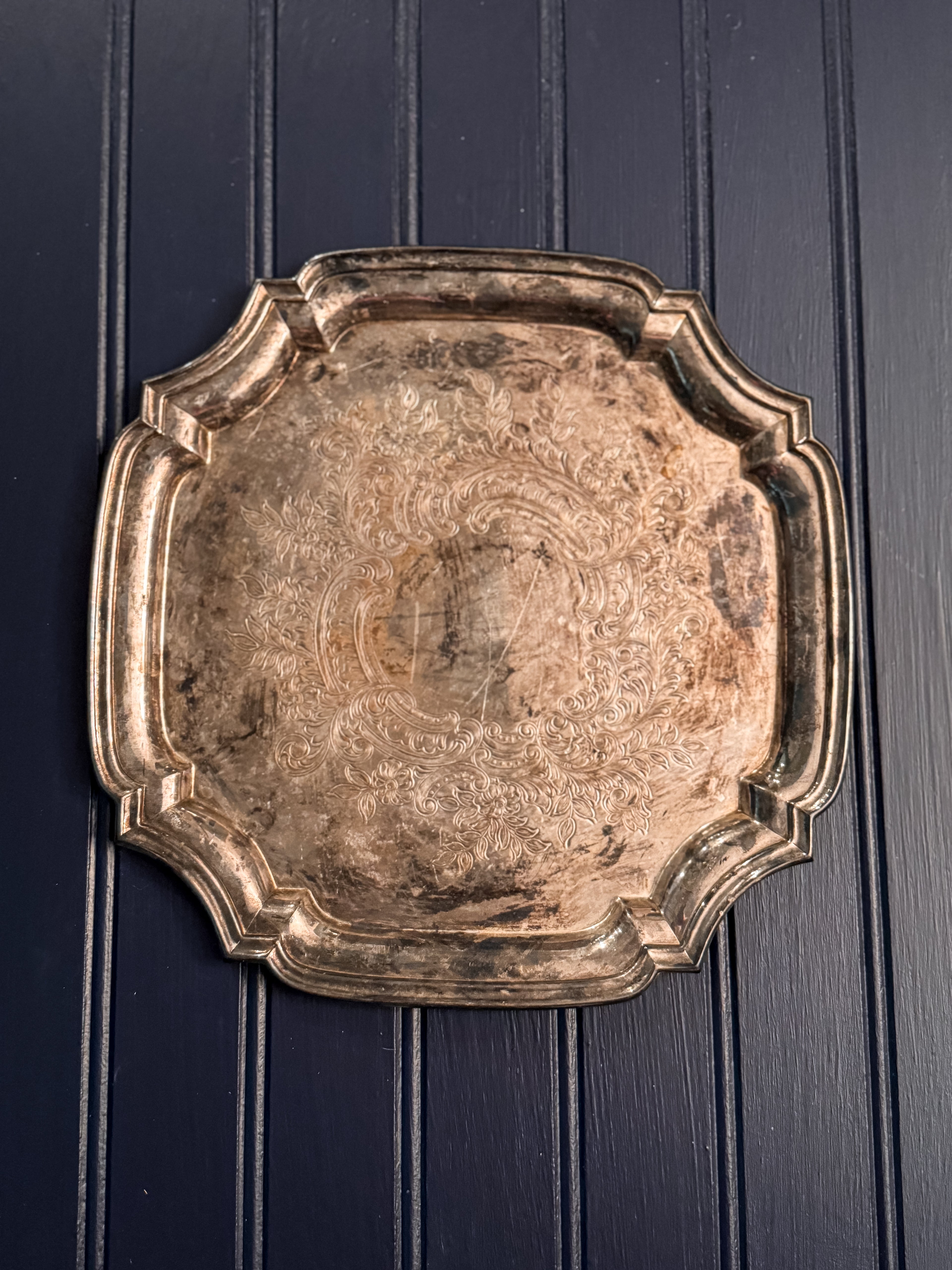 Vintage Silver-Plated Serving Tray | Ornate Etched Round Tray | Made in U.S.A.