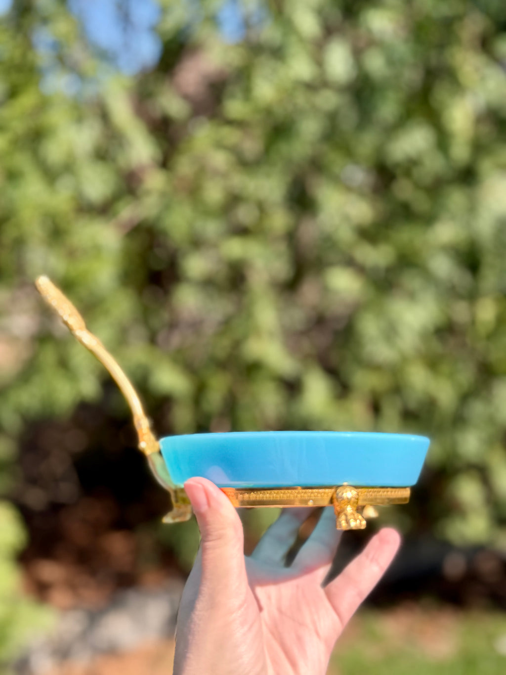 French Blue Opaline Glass Dish with Gilt Stand & Handle, Estate Sourced
