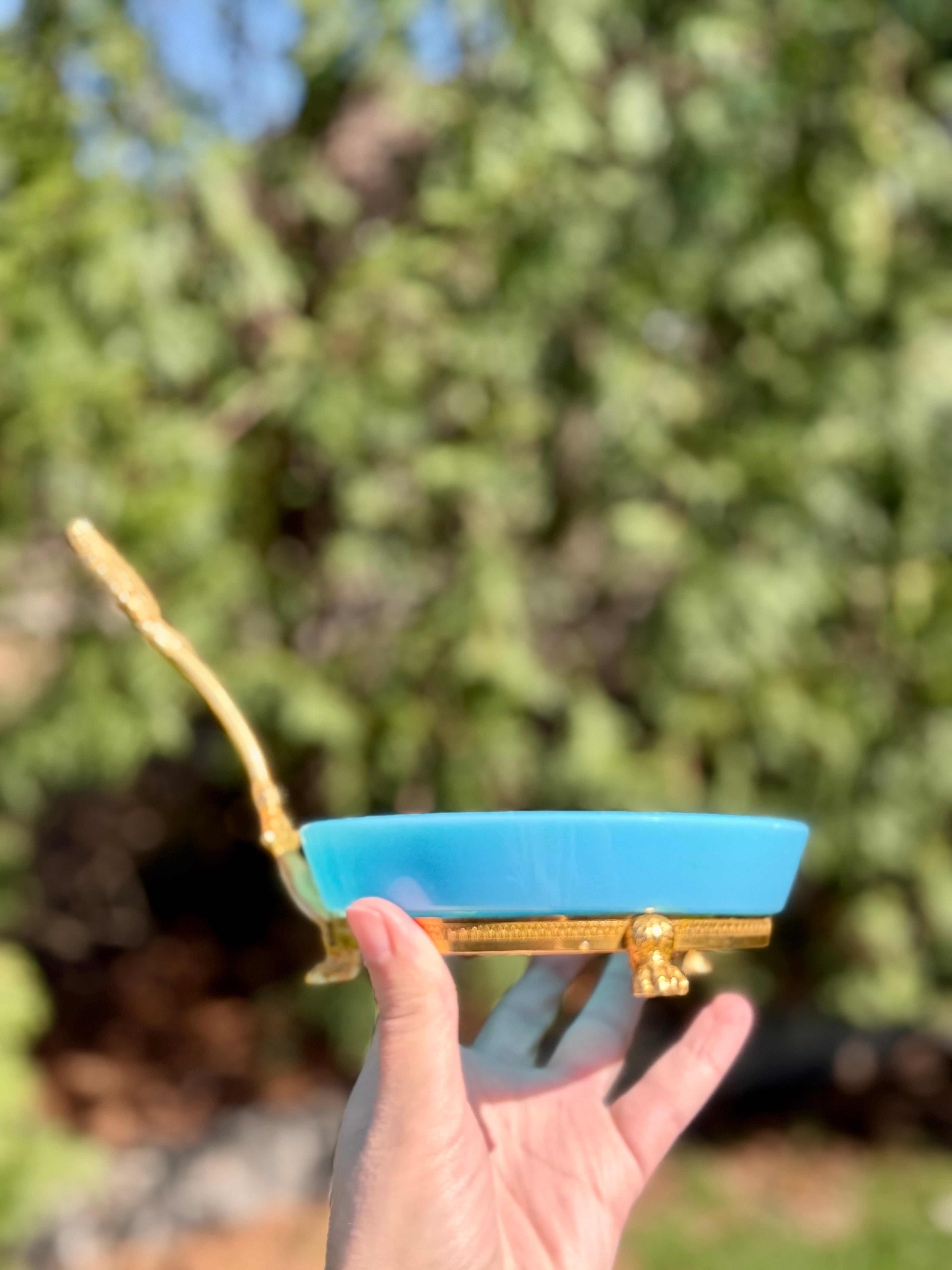French Blue Opaline Glass Dish with Gilt Stand & Handle, Estate Sourced