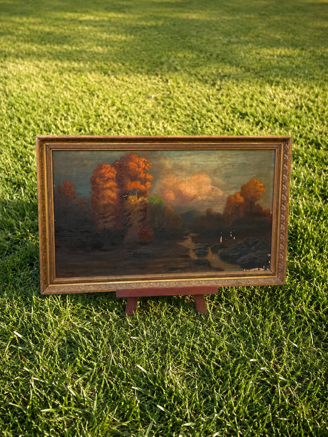Signed Antique Tonalist Autumn River Landscape Oil Painting by R. Watkins | Original Gilt Frame