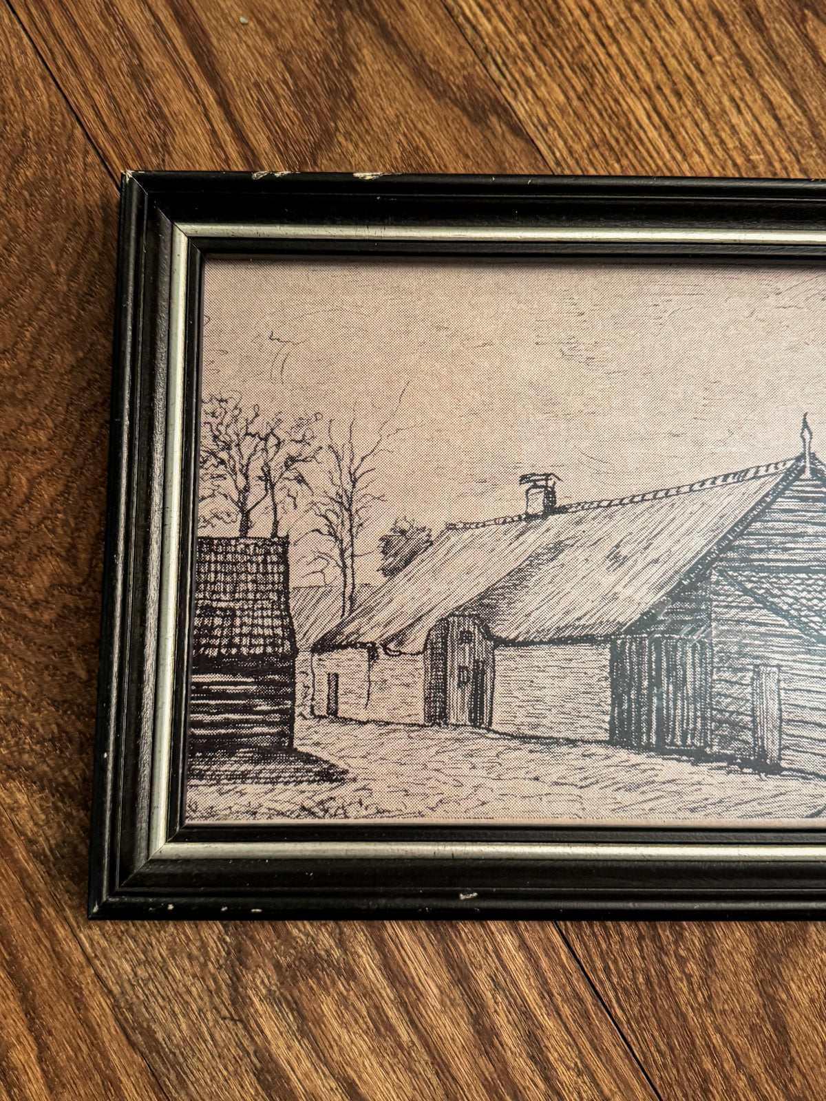 Framed Black & White Farmstead Print | Signed M. Betlom | Rustic Countryside Art