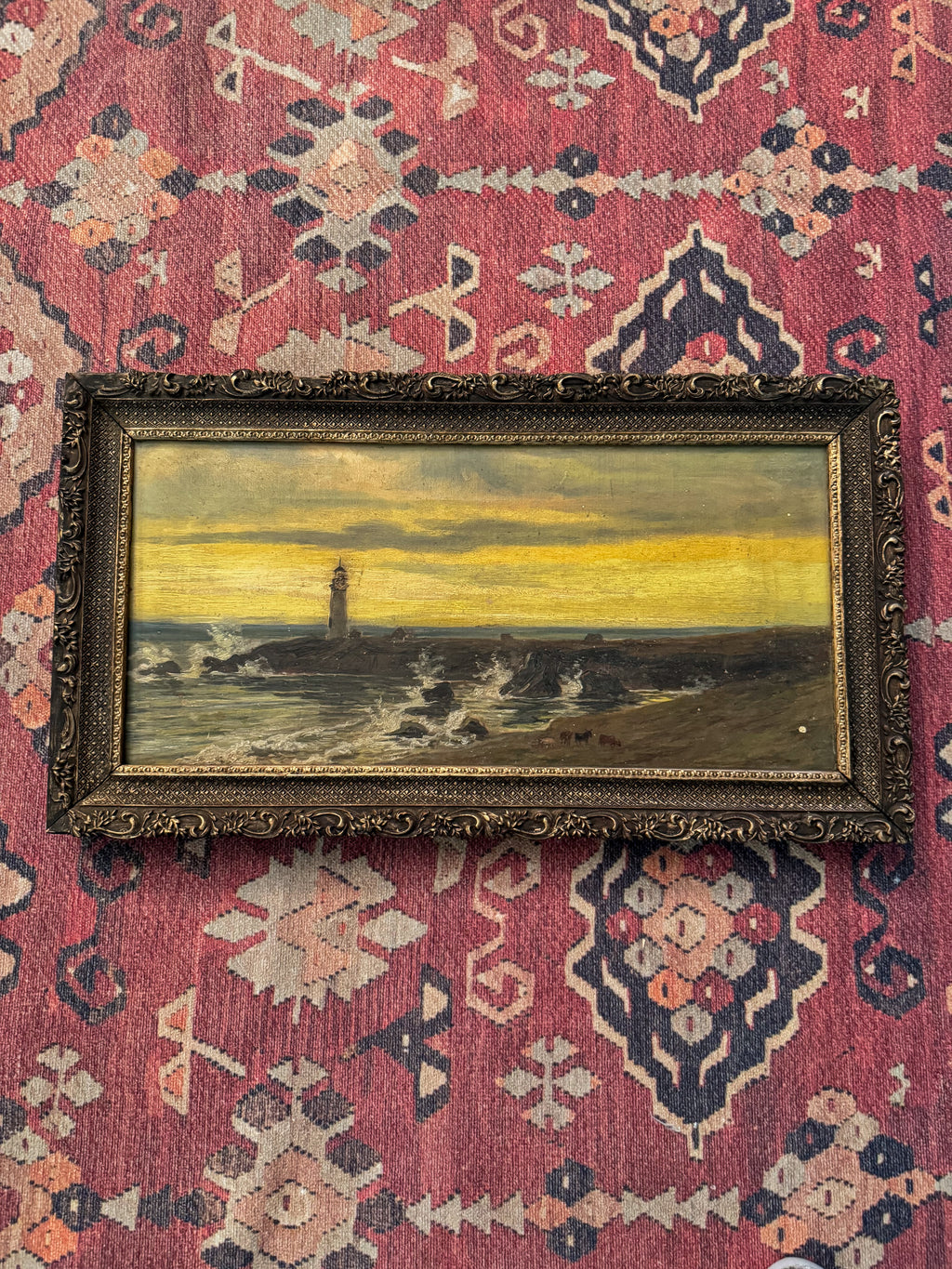 Antique Coastal Lighthouse Oil Painting with Grazing Cattle in Carved Gilt Wood Frame