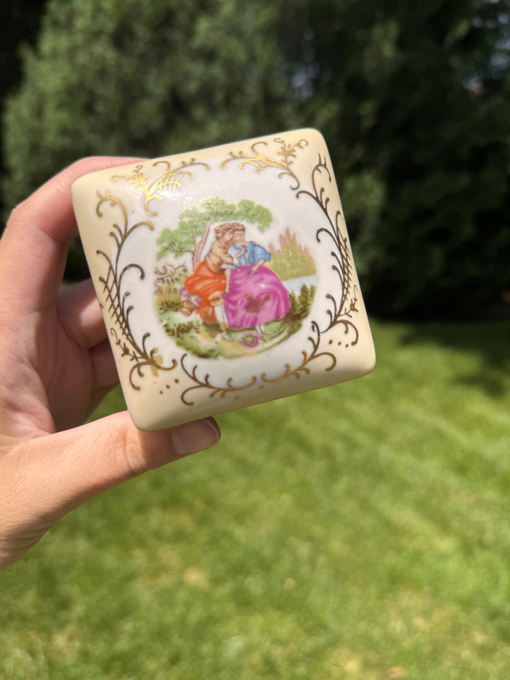 Vintage Ardco Porcelain Hinged Trinket Box | Victorian Courting Couple | Made in Japan