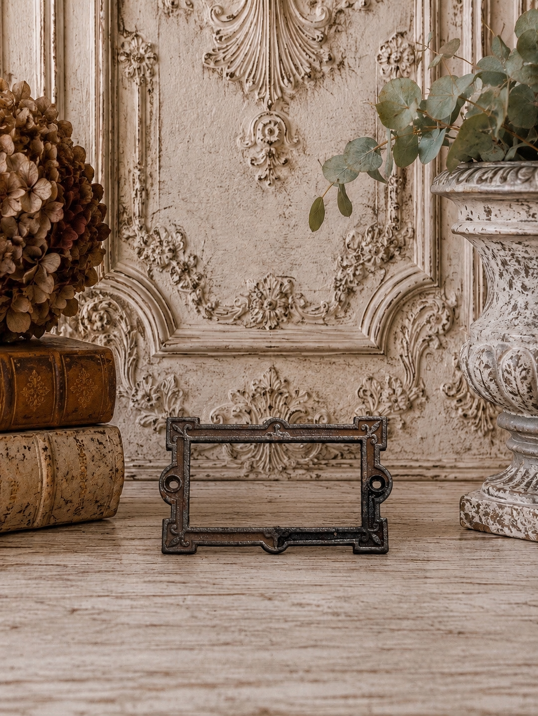 Antique French Brass Label Holder Frame | Openwork Drawer Pull or Card Frame, 4”