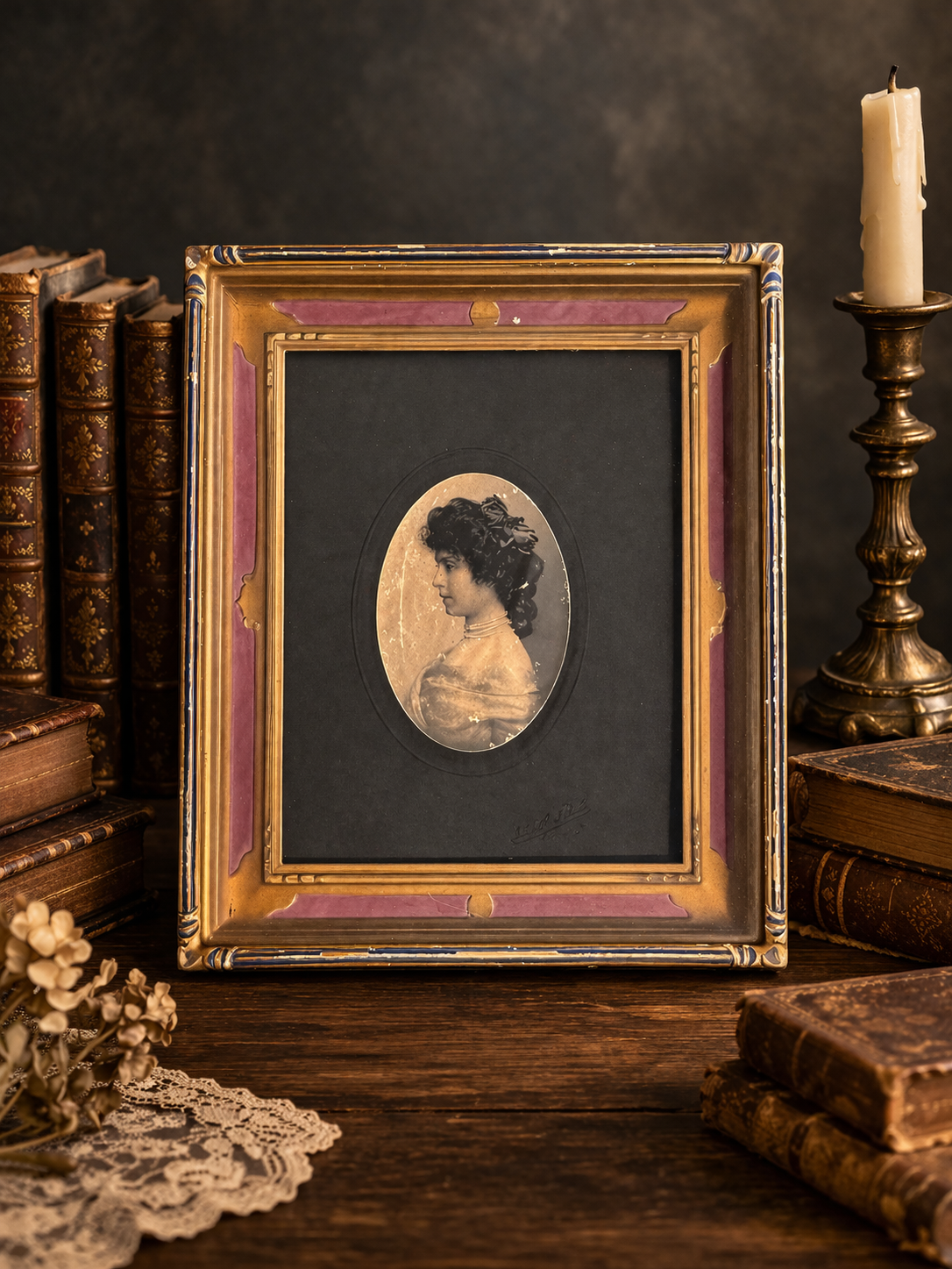 Antique Oval Portrait Shadowbox Frame w/ Hand-Tinted Photograph
