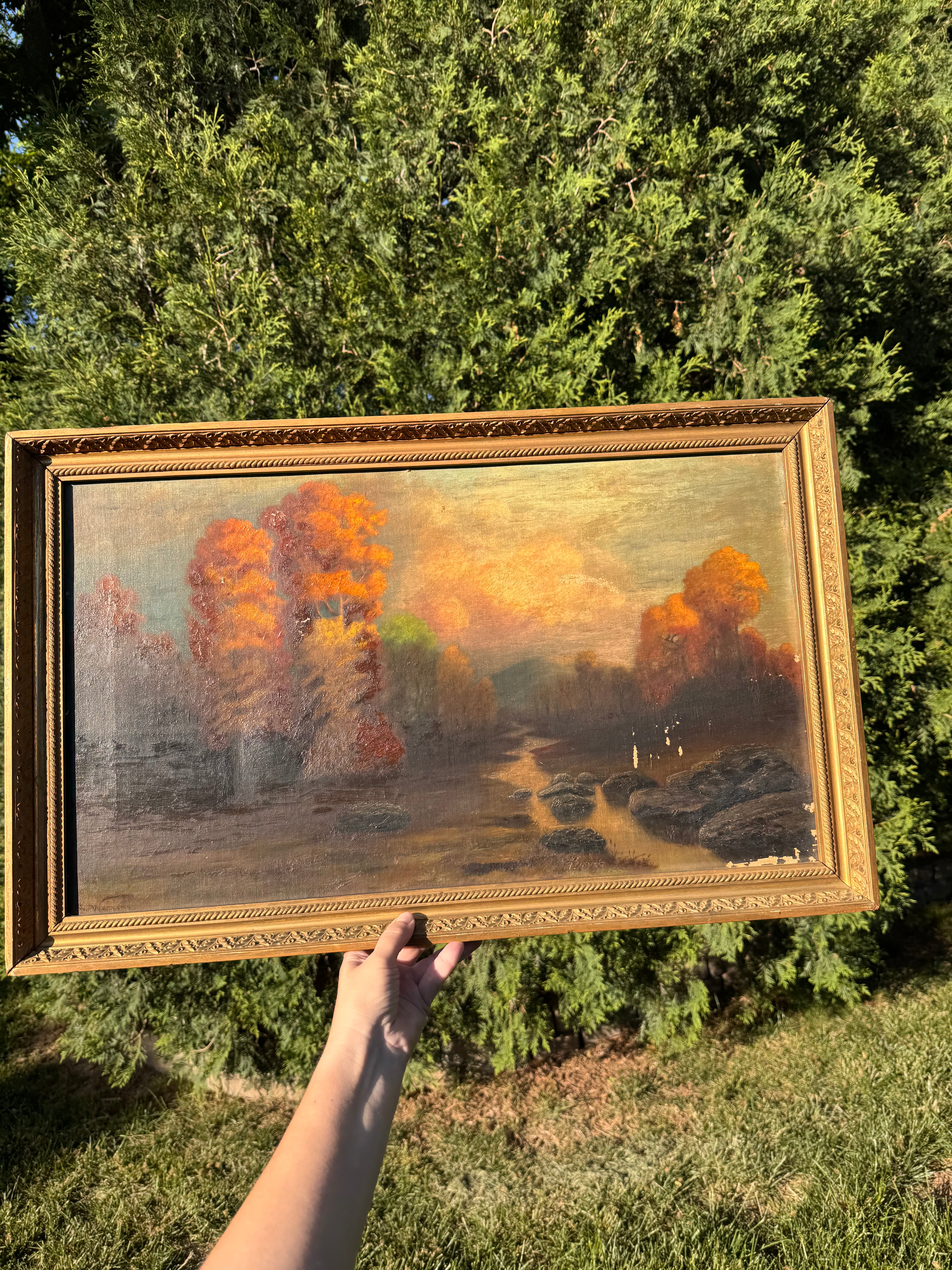 Signed Antique Tonalist Autumn River Landscape Oil Painting by R. Watkins | Original Gilt Frame