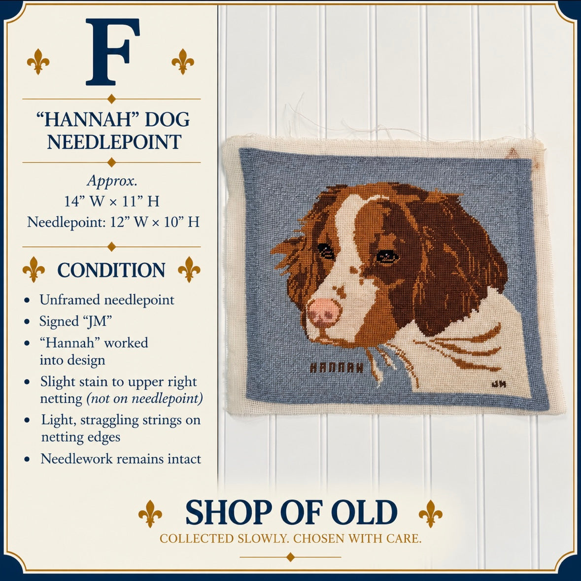 Vintage “Hannah” Dog Needlepoint | Signed Unframed Spaniel Needlework