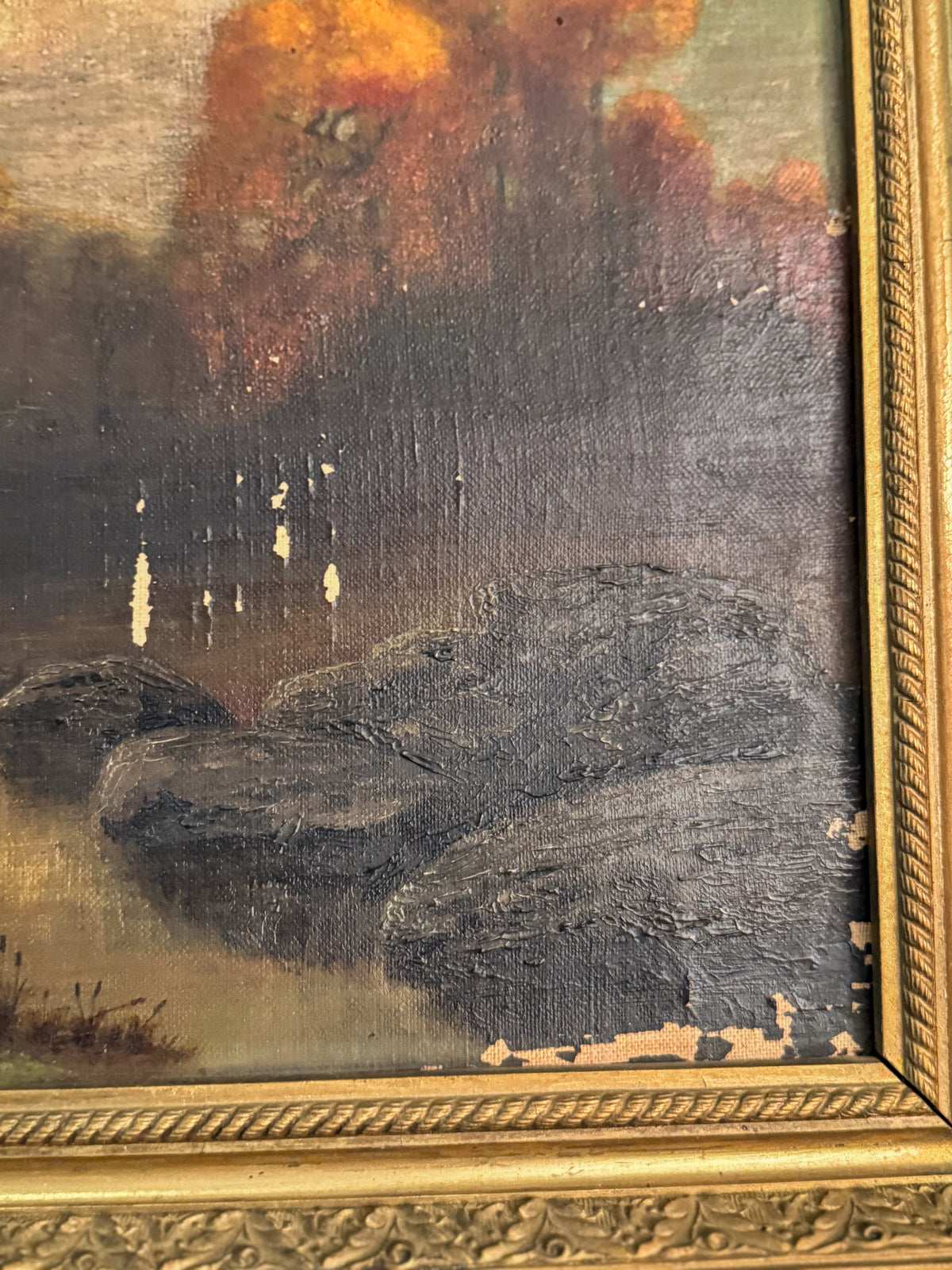Signed Antique Tonalist Autumn River Landscape Oil Painting by R. Watkins | Original Gilt Frame
