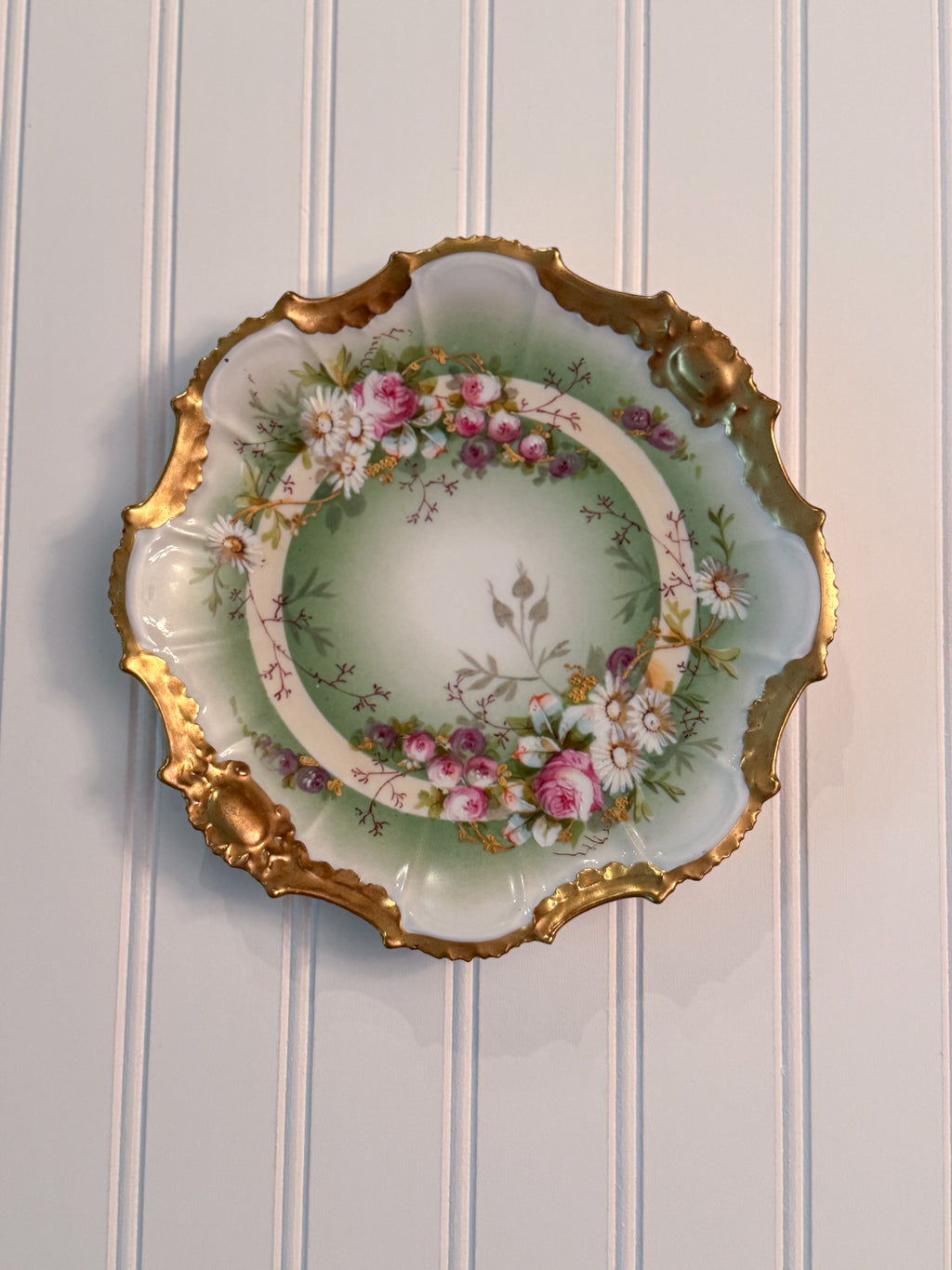 Antique Limoges B&H France Hand-Painted Floral Plate | Green & Gold Gilt | 8.5”