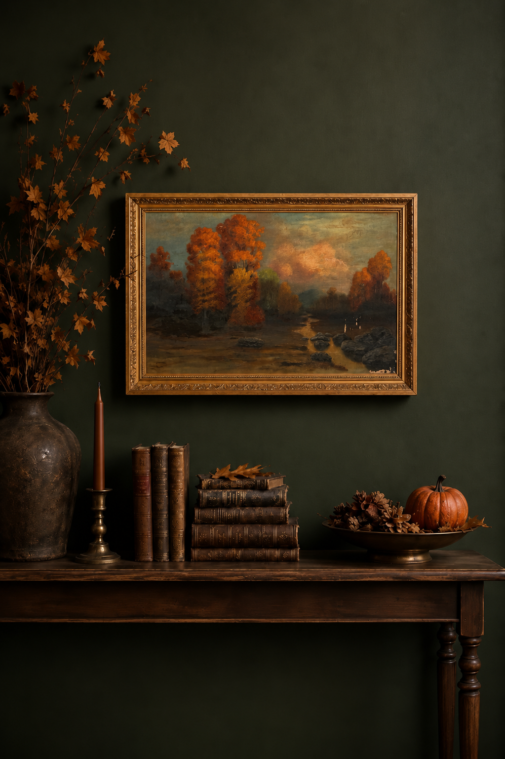 Signed Antique Tonalist Autumn River Landscape Oil Painting by R. Watkins | Original Gilt Frame