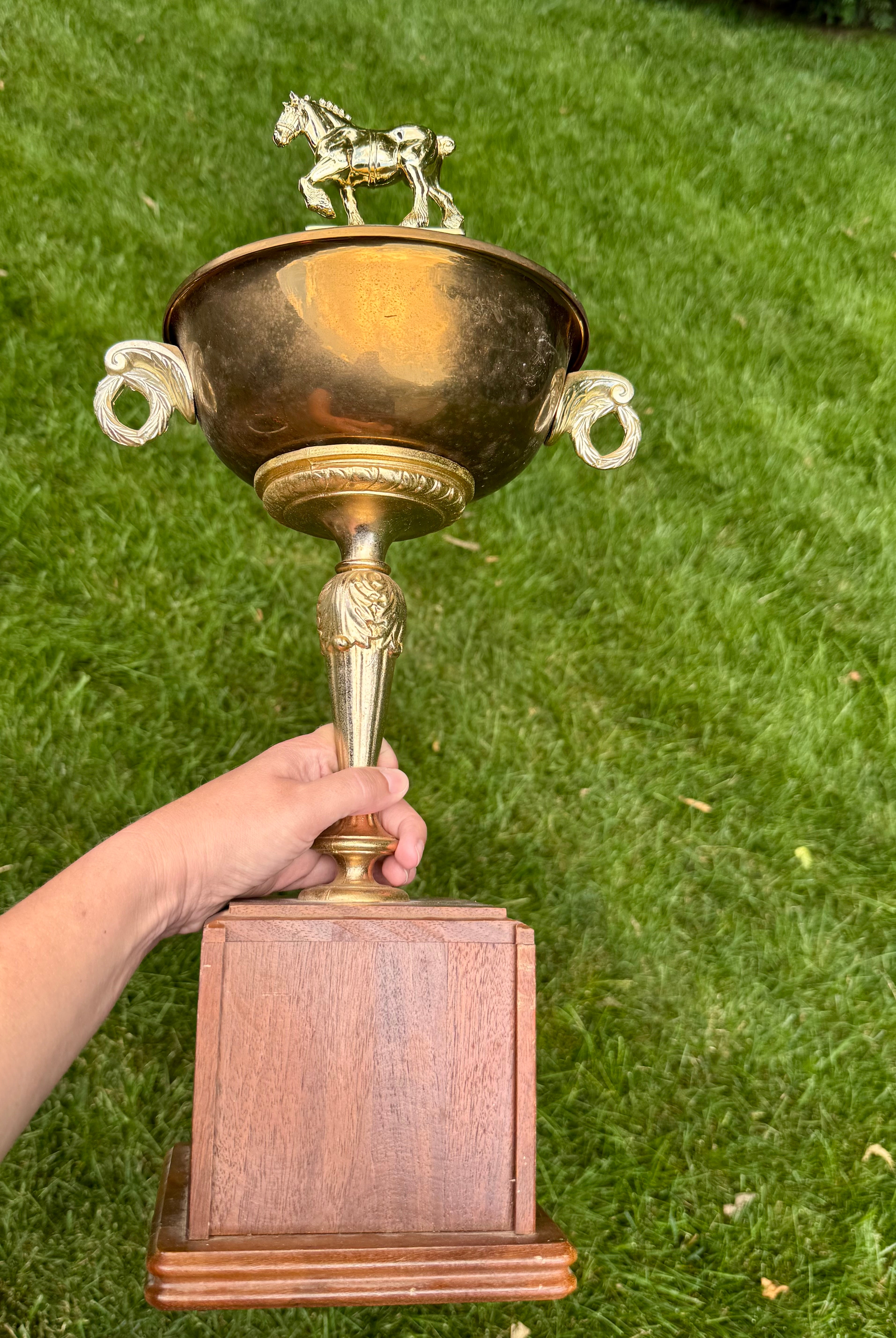 Vintage Brass Equestrian Trophy Urn with Horse Finial on Wooden Base
