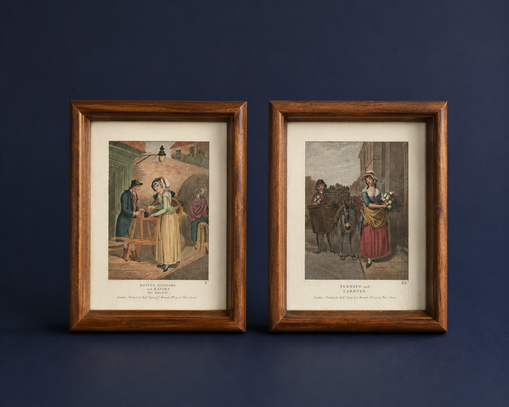 Antique Cries of London Hand-Colored Engravings, Pair in Wood Frames | After Francis Wheatley