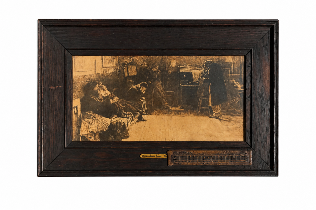 Antique “Beethoven’s Kreutzer Sonata” Print After Lionello Balestrieri with Musical Plaque in Ebonized Frame