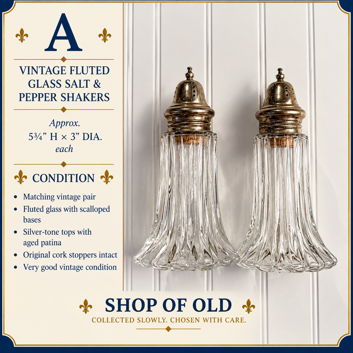 Vintage Fluted Glass Salt & Pepper Shakers with Silver-Tone Tops