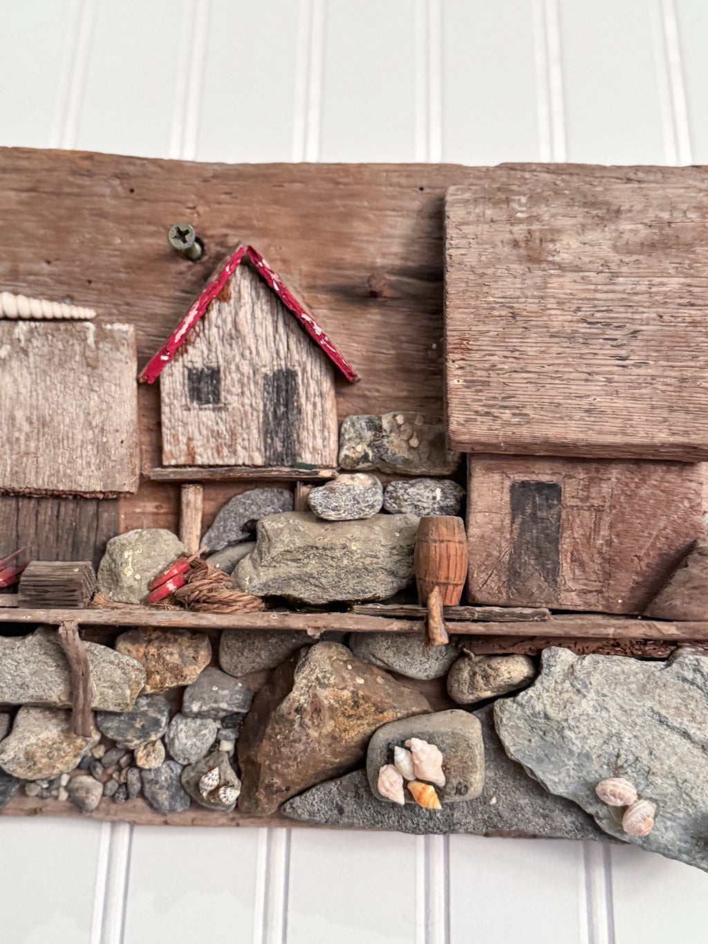 Handmade Coastal Folk Art Wall Sculpture | Driftwood & Seashell Village