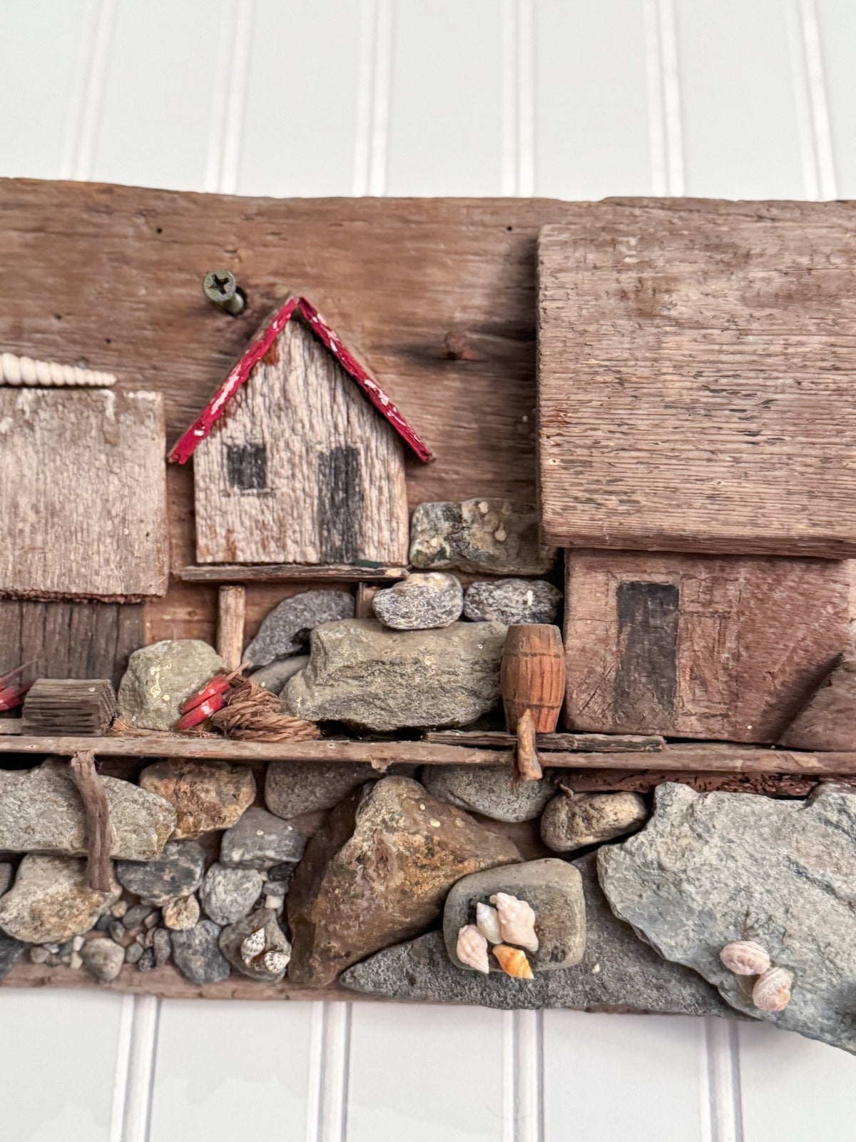 Handmade Coastal Folk Art Wall Sculpture | Driftwood & Seashell Village