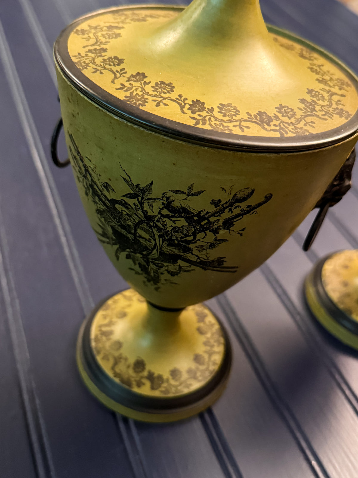 Pair of Vintage Italian Toleware Lidded Urns | Neoclassical Lion Handle Pedestal Urns