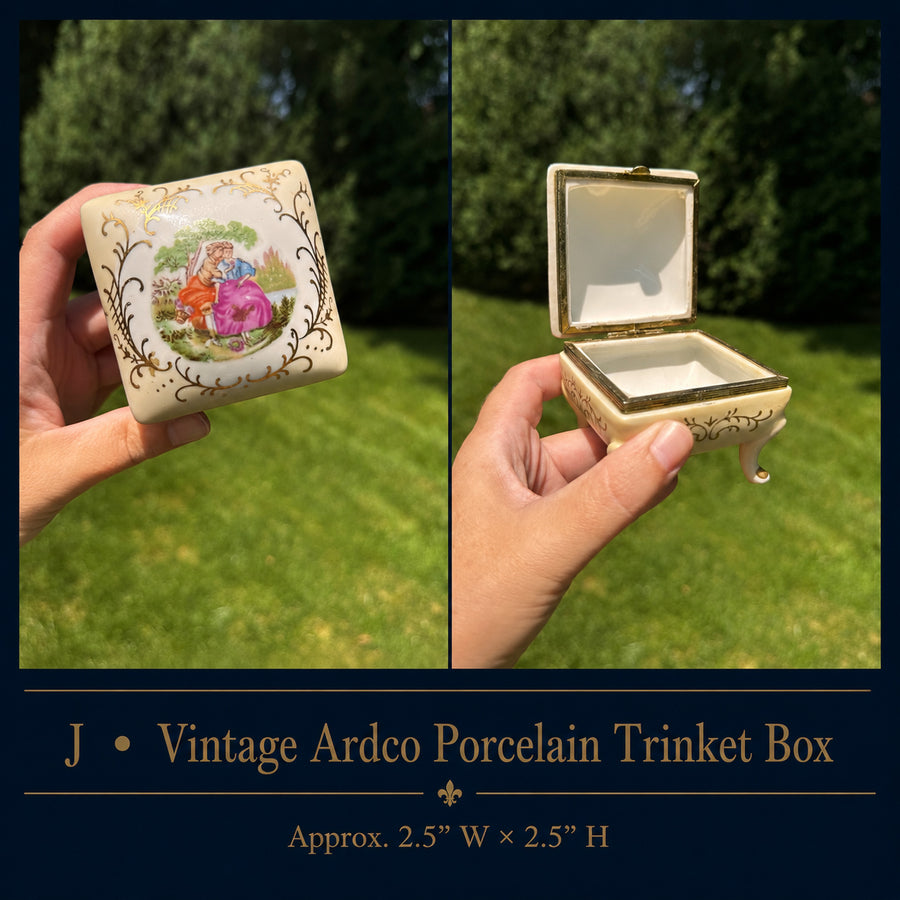 Vintage Ardco Porcelain Hinged Trinket Box | Victorian Courting Couple | Made in Japan