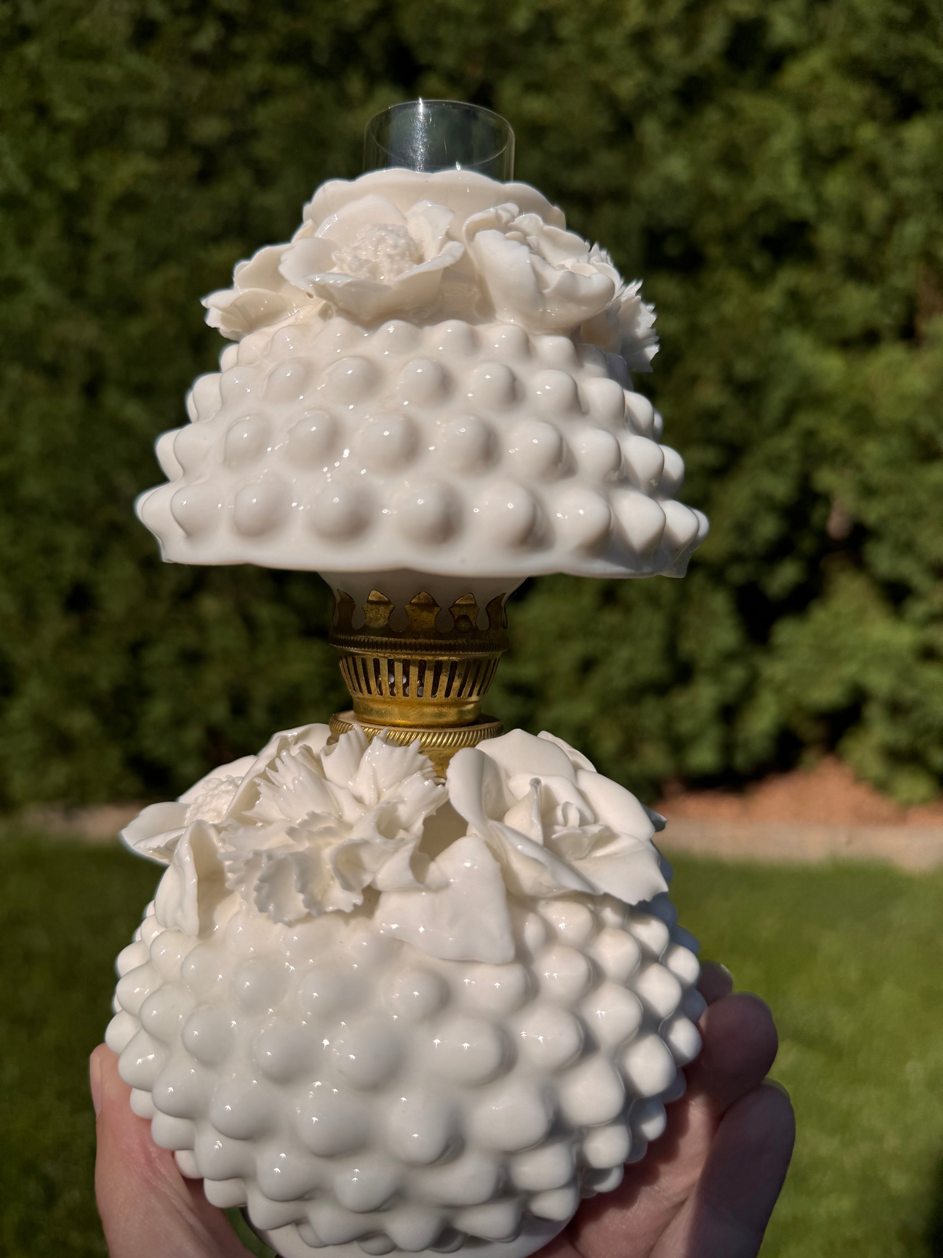 Vintage Fenton White Milk Glass Hobnail Boudoir Hurricane Lamp “Bantam”