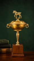 Vintage Brass Equestrian Trophy Urn with Horse Finial on Wooden Base