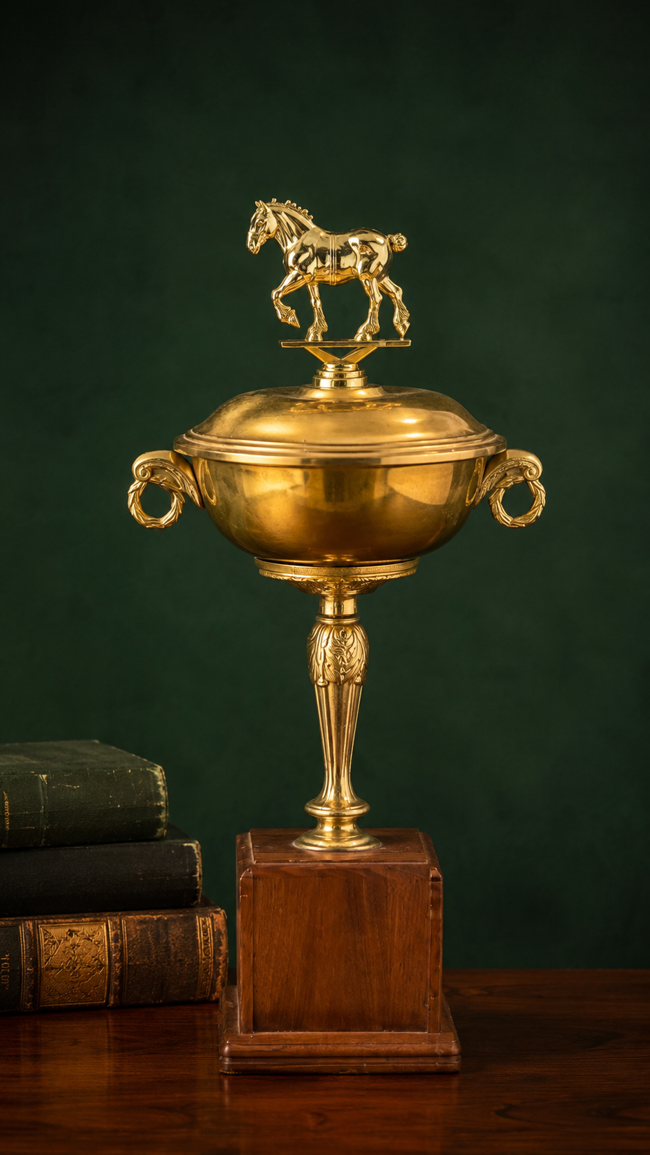 Vintage Brass Equestrian Trophy Urn with Horse Finial on Wooden Base