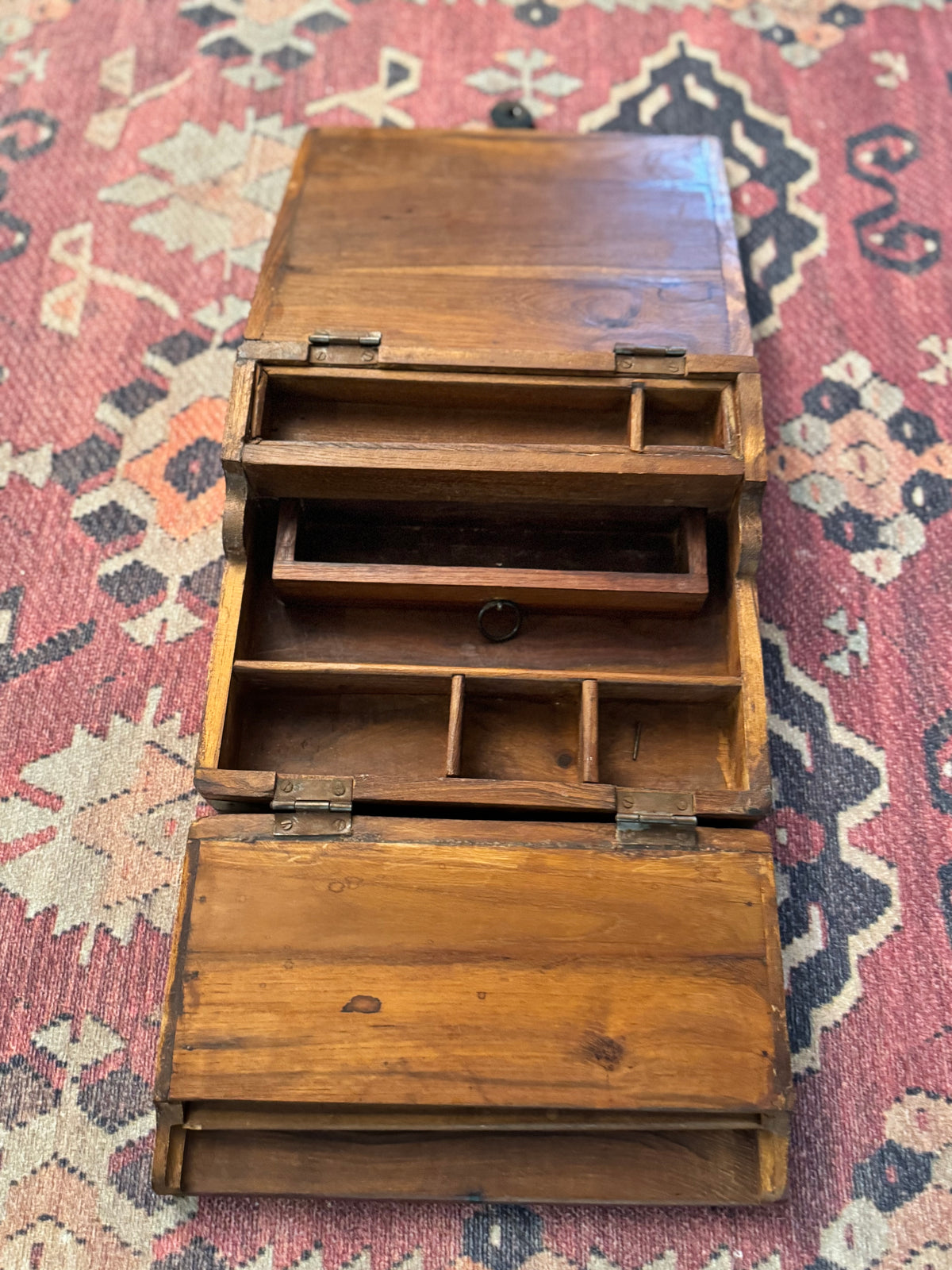 Antique 19th-Century Triple-Fold Traveling Writing Desk with Fitted Compartments