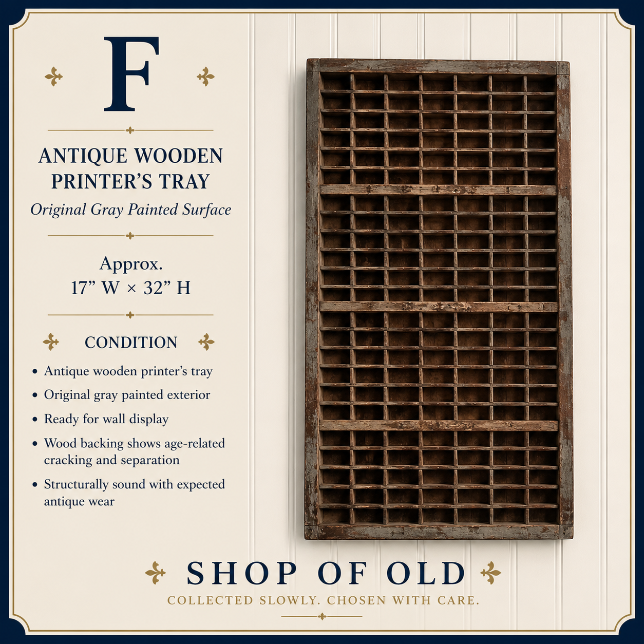 Antique Wooden Printer’s Tray with Original Gray Painted Surface | 17” x 32” Display Tray