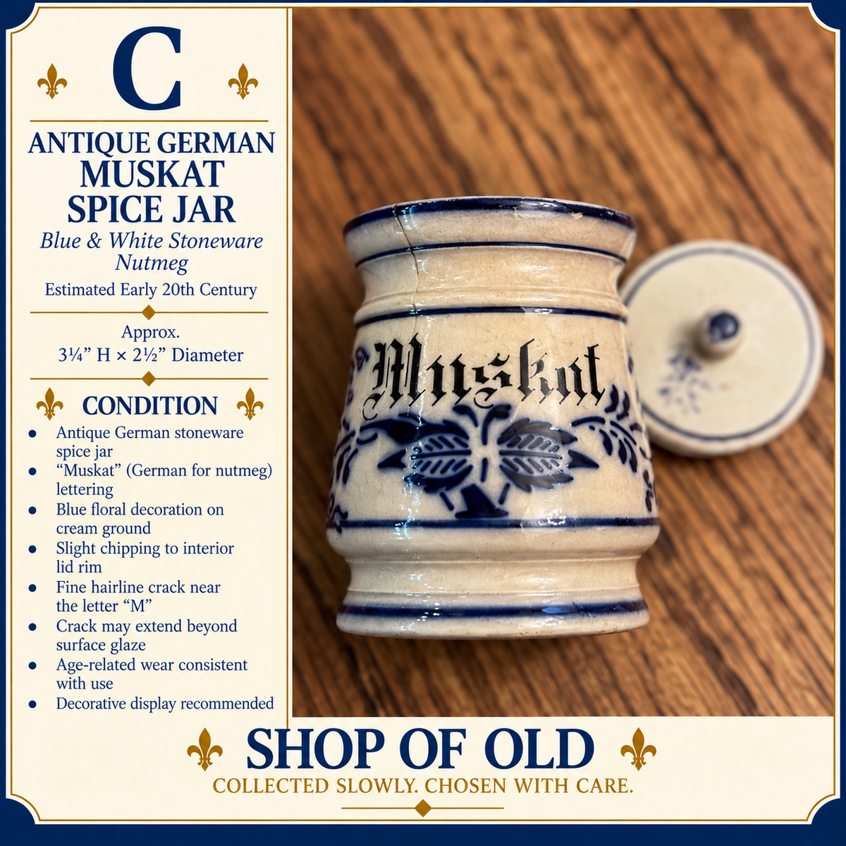 Antique German Muskat Nutmeg Spice Jar | Blue & White Stoneware Canister with Lid