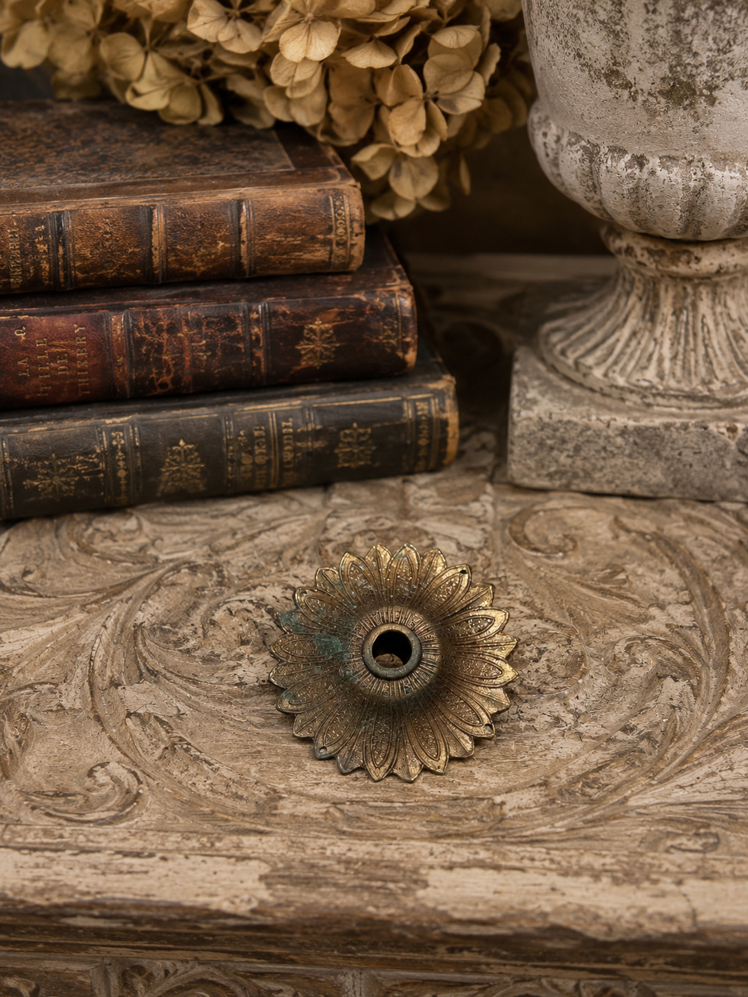 Antique Brass Floral Rosette | Architectural Salvage Medallion, 3”