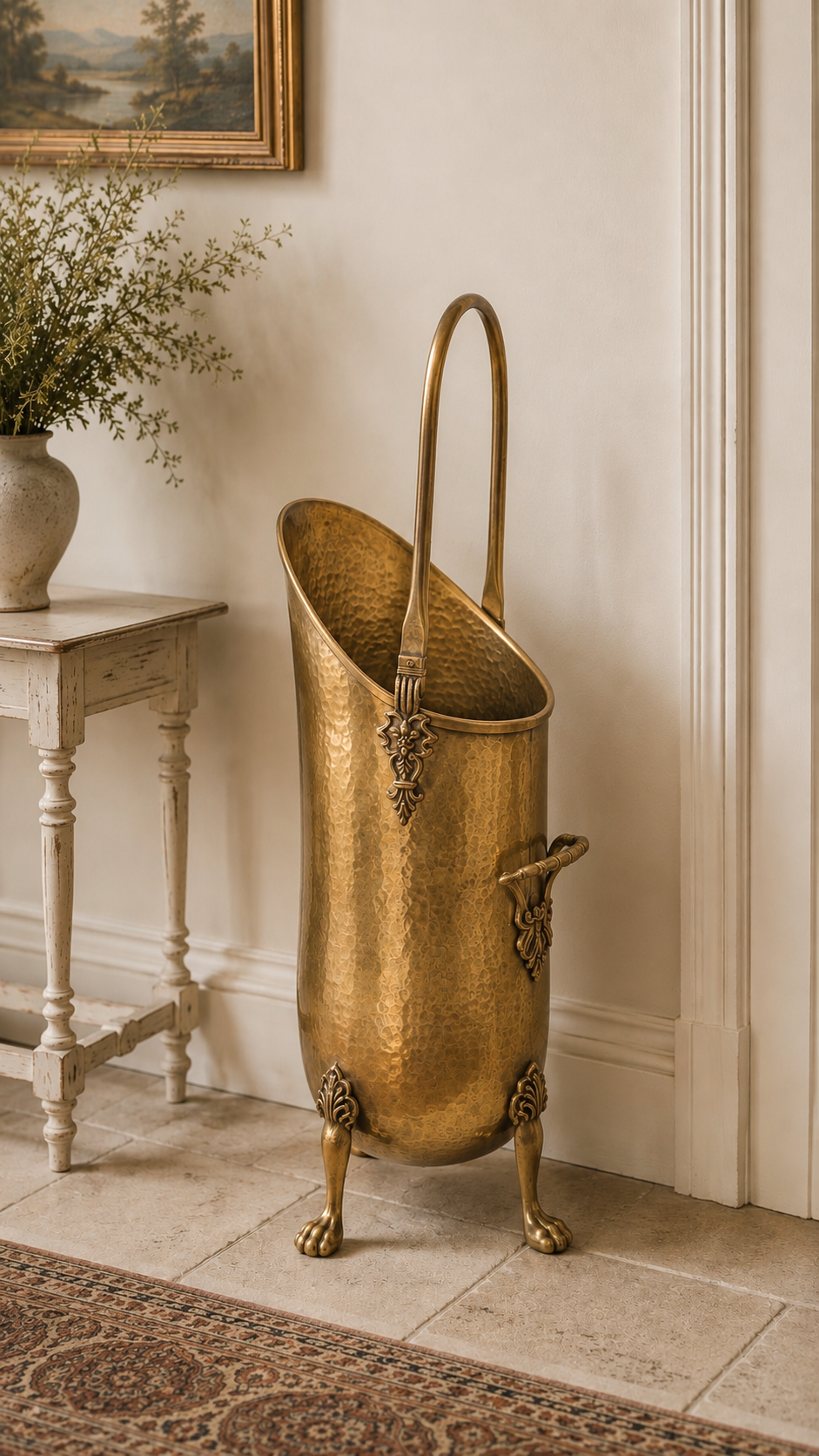 Vintage Hammered Brass Umbrella Stand | Lion Paw Coal Scuttle Fireplace Hod