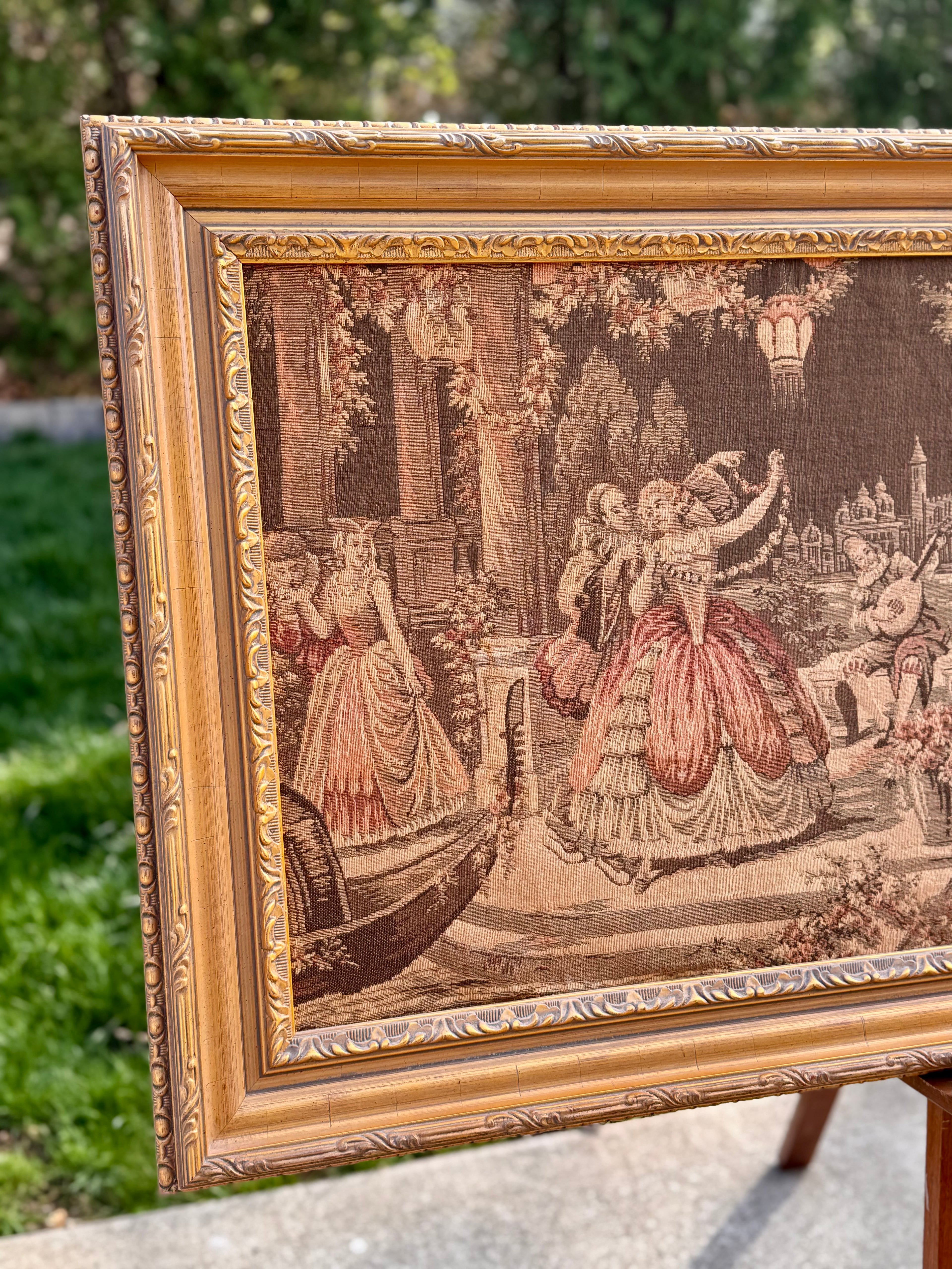 Antique-Style Framed Garden Scene Tapestry, Large Scale (57” W)