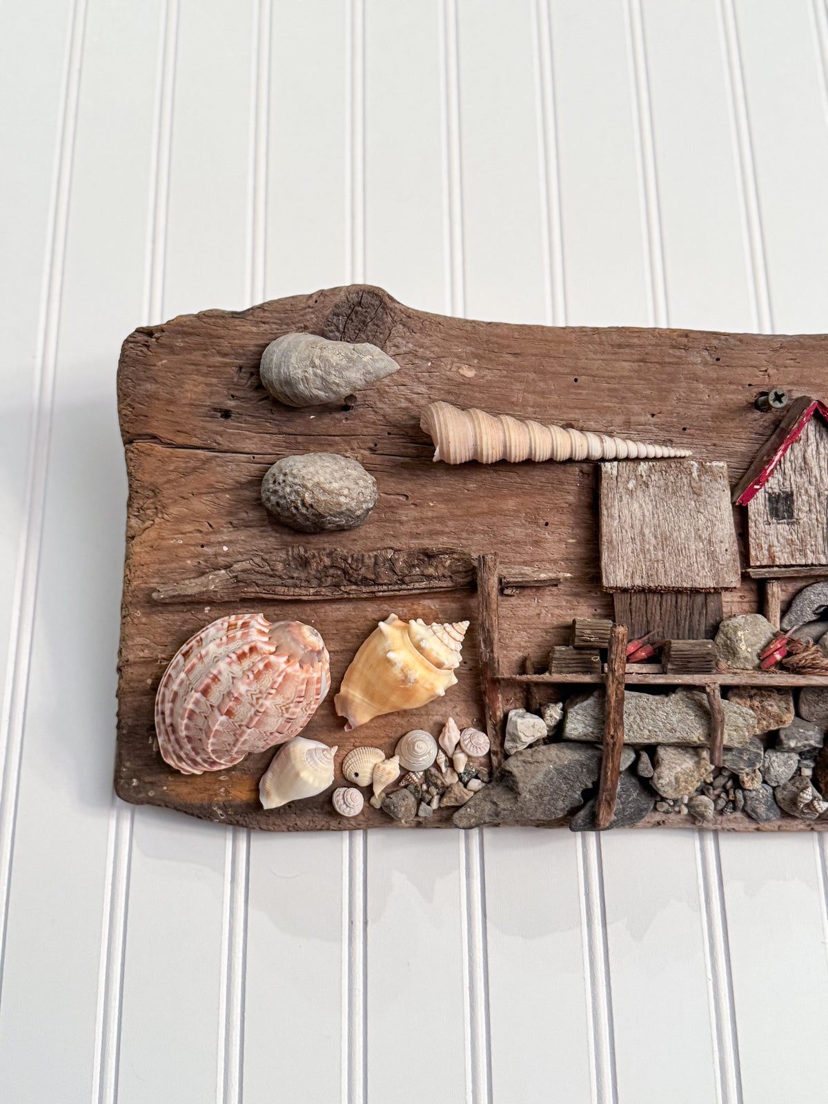 Handmade Coastal Folk Art Wall Sculpture | Driftwood & Seashell Village