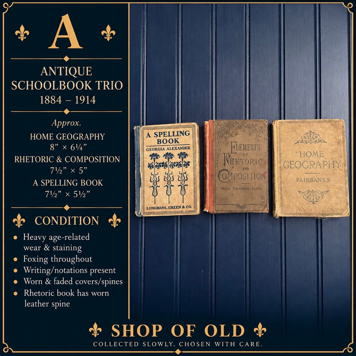 Antique Schoolbook Trio | 1884–1914 | Rhetoric, Spelling & Geography