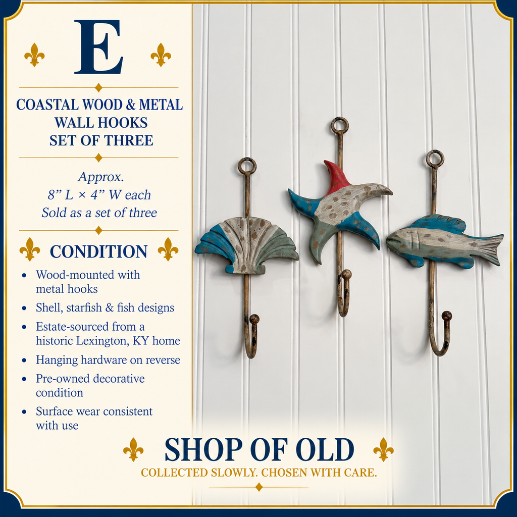 Coastal Wood & Metal Wall Hooks, Set of 3 | Seashell, Starfish & Fish