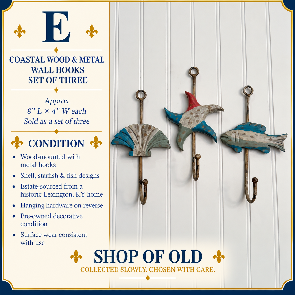 Coastal Wood & Metal Wall Hooks, Set of 3 | Seashell, Starfish & Fish
