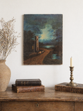 Antique Oil on Canvas Landscape with Chapel — Moody Evening Scene
