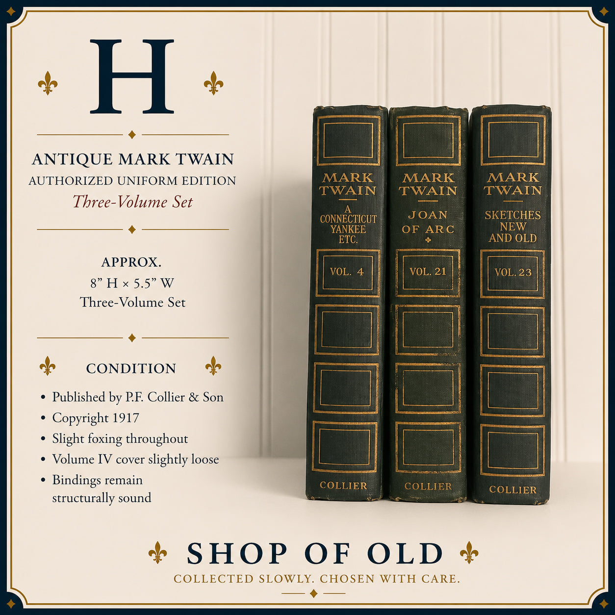 Antique Mark Twain Authorized Uniform Edition Three-Volume Book Set | P.F. Collier & Son | 1917
