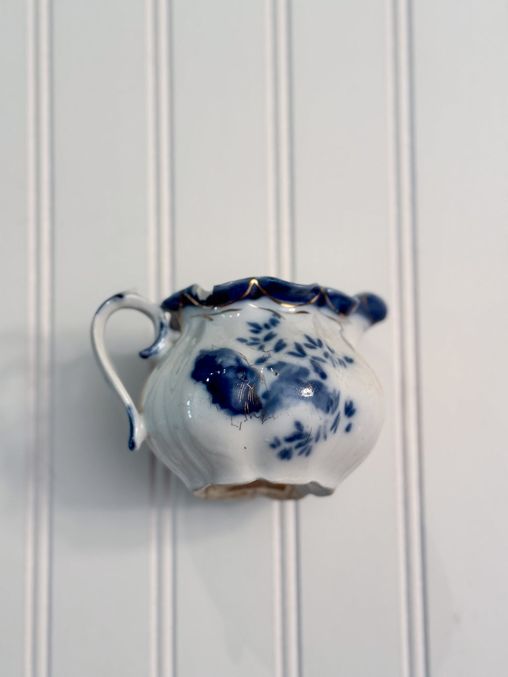 Antique English Flow Blue Miniature Creamer | Cobalt Floral Transferware Pitcher