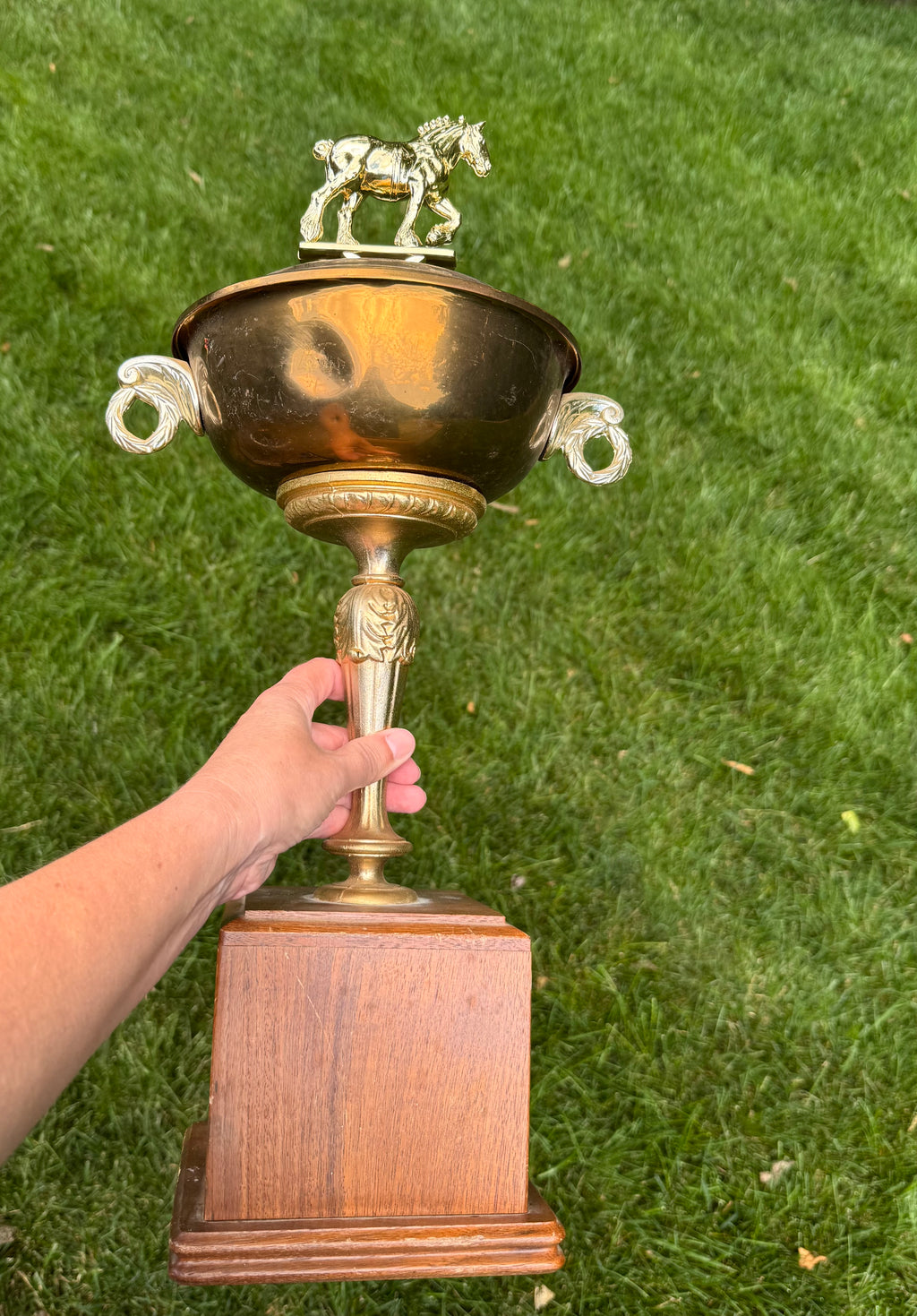 Vintage Brass Equestrian Trophy Urn with Horse Finial on Wooden Base