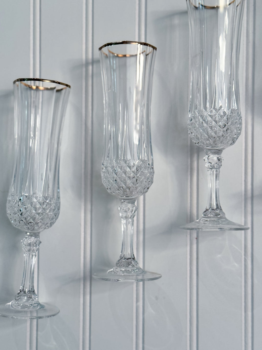 Vintage Gold-Rimmed Crystal Champagne Flutes, Set of 4 | Cut Crystal Stemware
