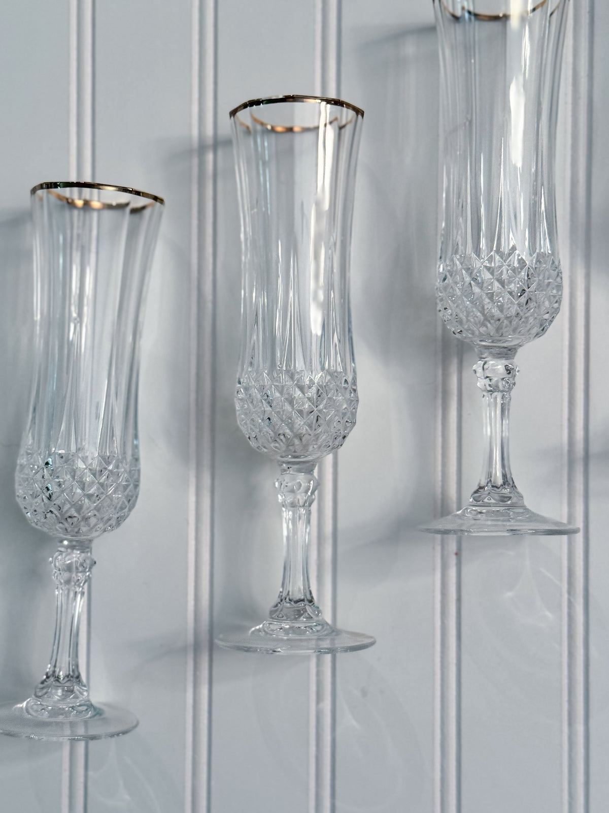 Vintage Gold-Rimmed Crystal Champagne Flutes, Set of 4 | Cut Crystal Stemware